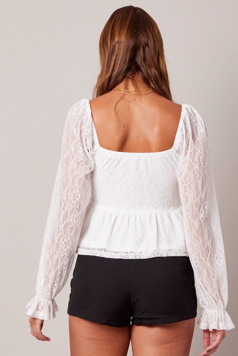 White Peplum Top Long Sleeve Lace for Ally Fashion