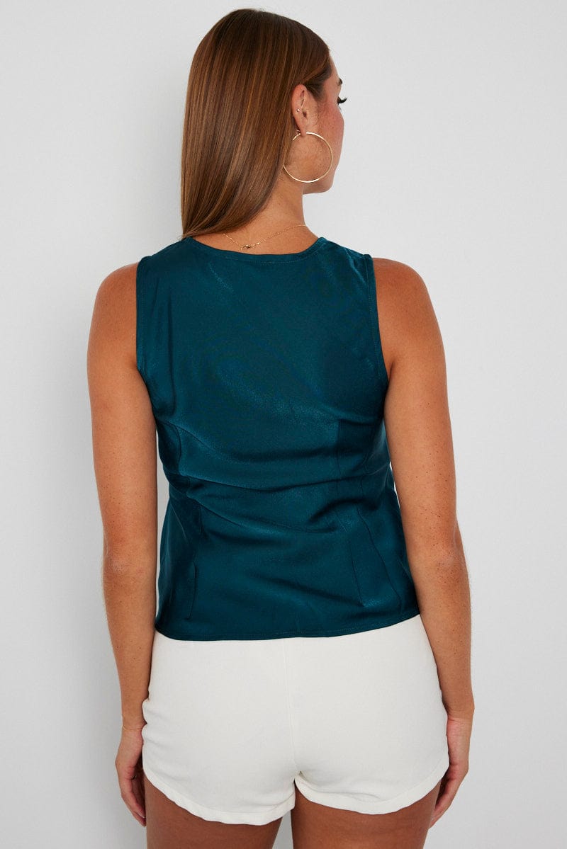 Blue Satin V Neck Top Sleeveless for Ally Fashion