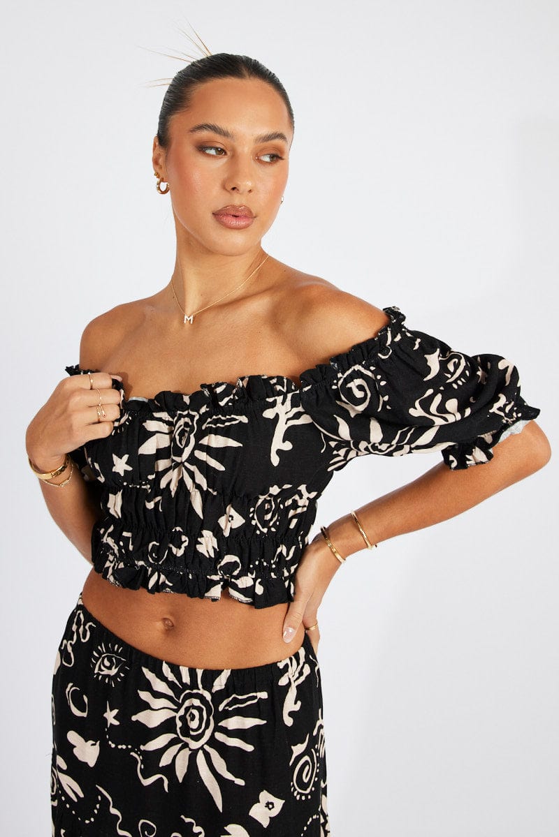 Black Abstract Crop Top Short Sleeve Linen for Ally Fashion