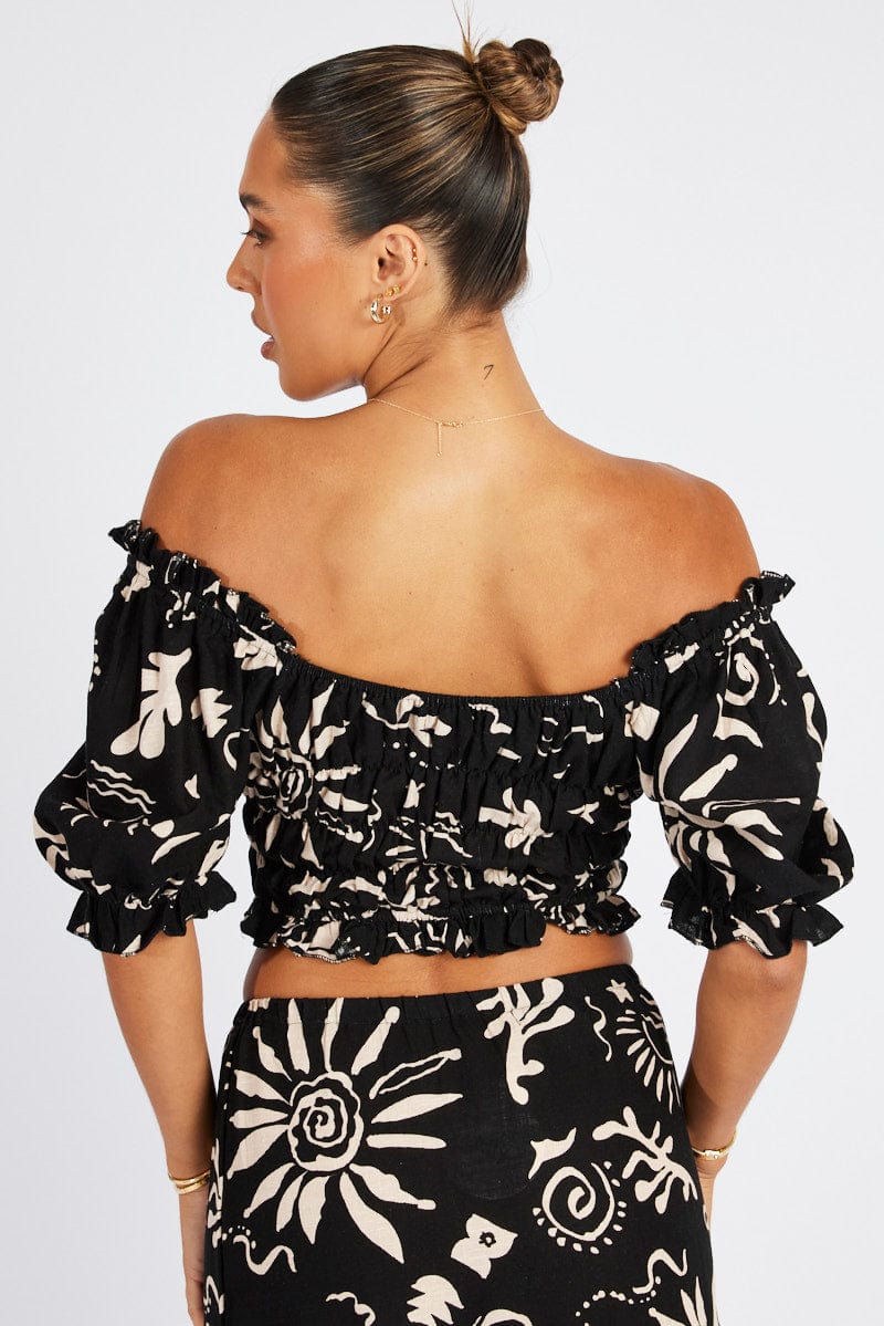 Black Abstract Crop Top Short Sleeve Linen for Ally Fashion