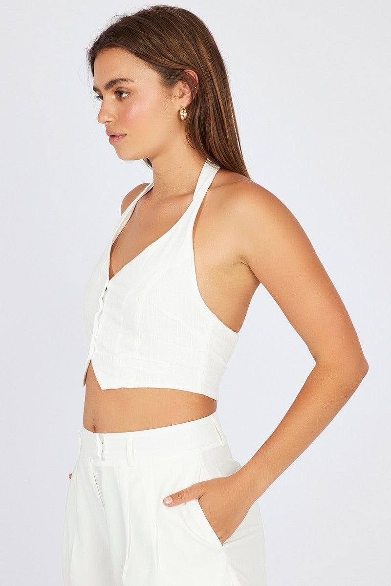 White Halter Neck Vest V Neckline Linen for Ally Fashion