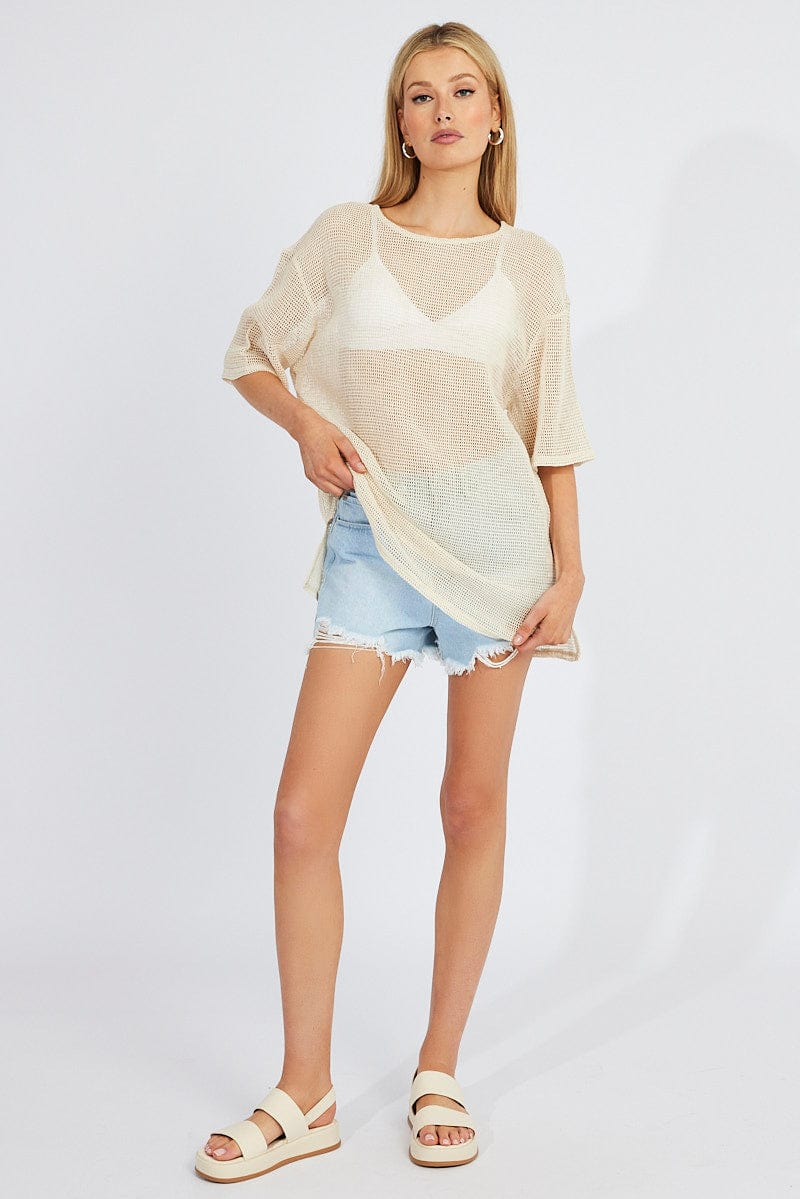 Beige Relaxed Top Short Sleeve for Ally Fashion