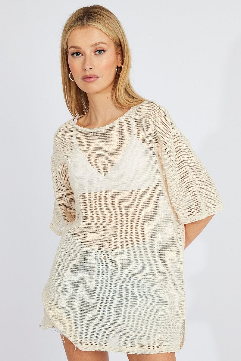 Beige Relaxed Top Short Sleeve for Ally Fashion