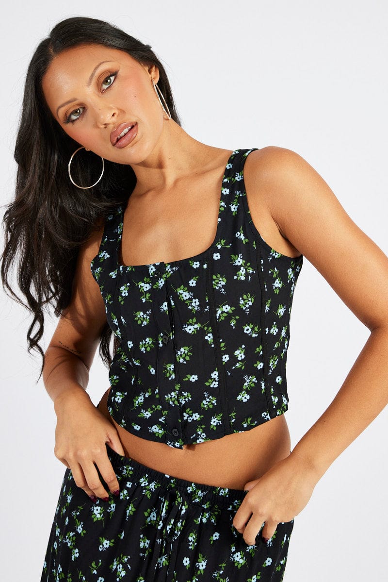 Black Floral Corset Top Sleeveless for Ally Fashion