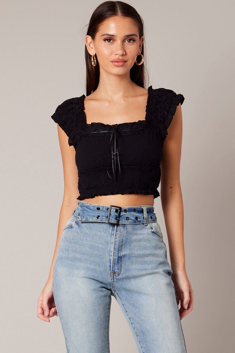 Black Crop Top Sleeveless Shirred Waist Satin Bow for Ally Fashion