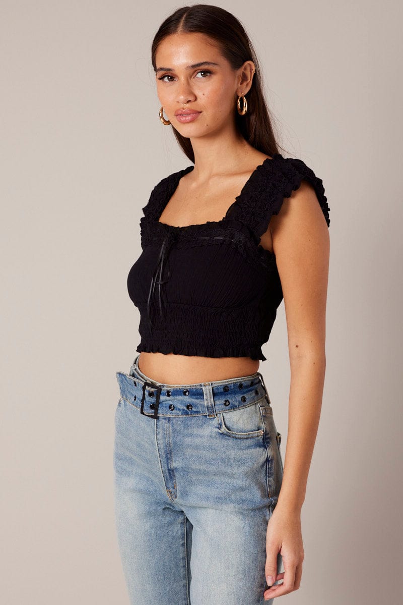 Black Crop Top Sleeveless Shirred Waist Satin Bow for Ally Fashion