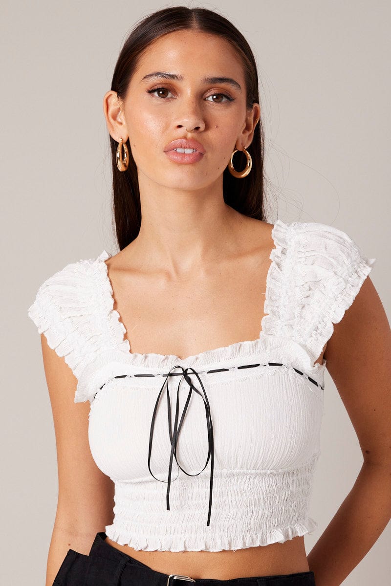 White Crop Top Sleeveless Shirred Waist Satin Bow for Ally Fashion