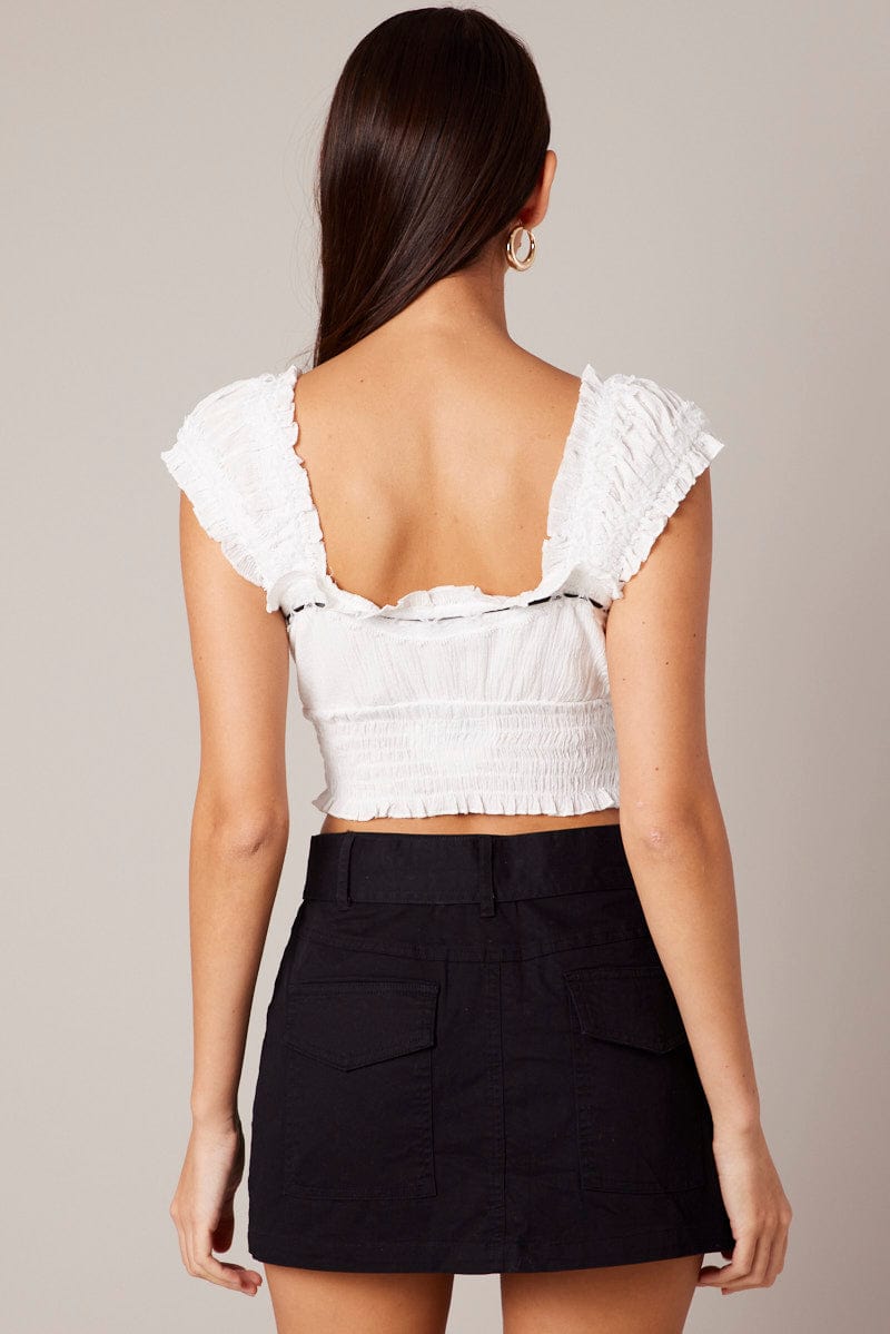 White Crop Top Sleeveless Shirred Waist Satin Bow for Ally Fashion