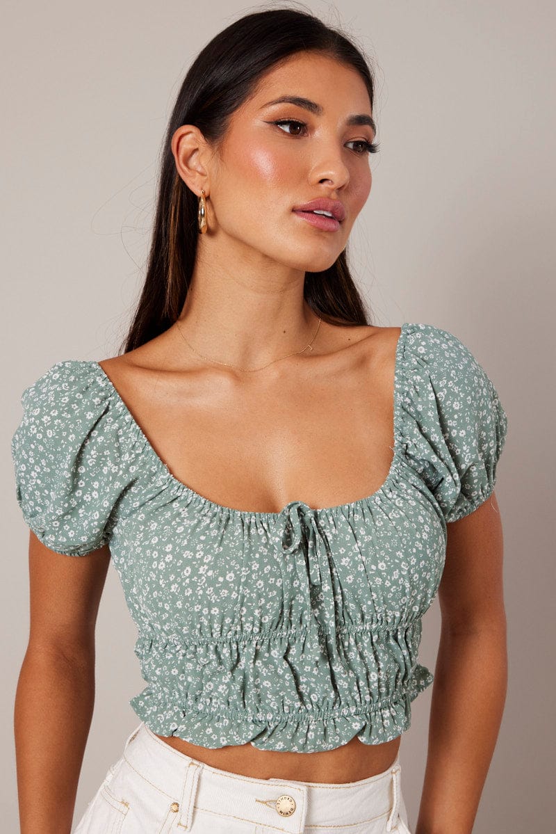 Green Ditsy Crop Top Short Sleeve for Ally Fashion