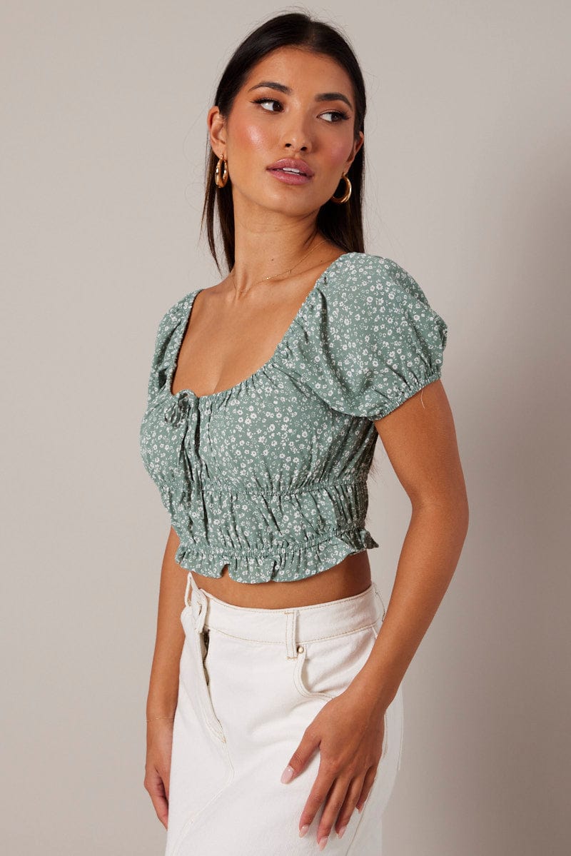 Green Ditsy Crop Top Short Sleeve for Ally Fashion