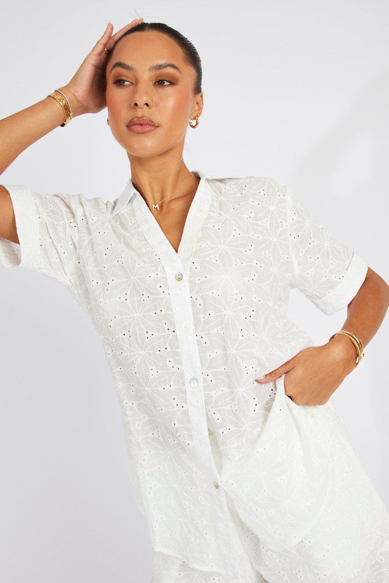 White Eyelet Shirt Short Sleeve for Ally Fashion