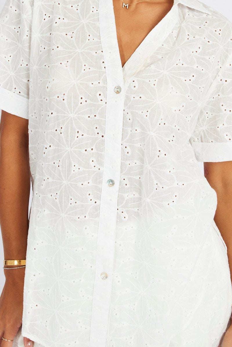 White Eyelet Shirt Short Sleeve for Ally Fashion