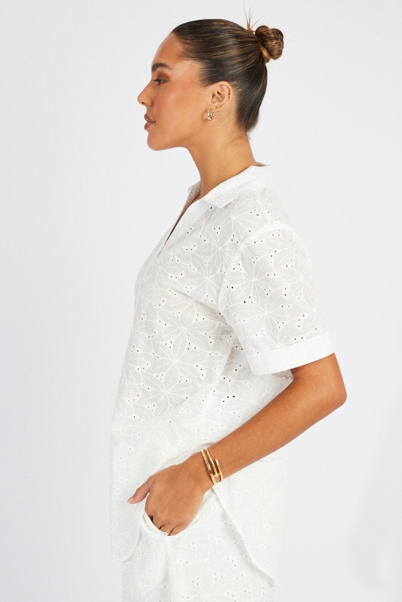 White Eyelet Shirt Short Sleeve for Ally Fashion