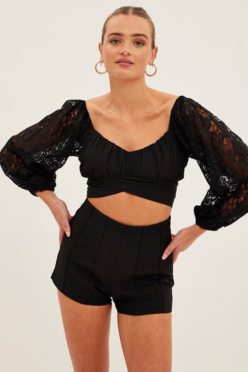 Black Crop Top Long Sleeve Sweetheart Neckline Lace for Ally Fashion