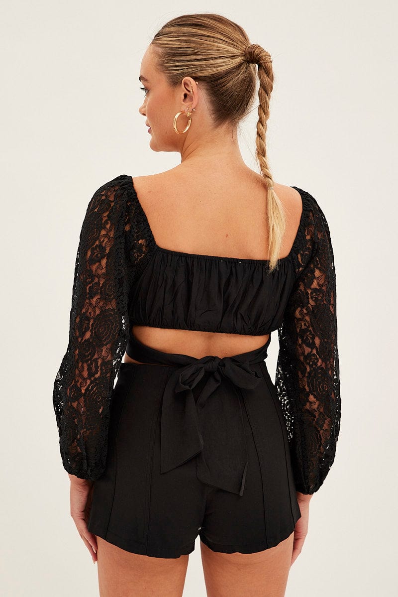 Black Crop Top Long Sleeve Sweetheart Neckline Lace for Ally Fashion