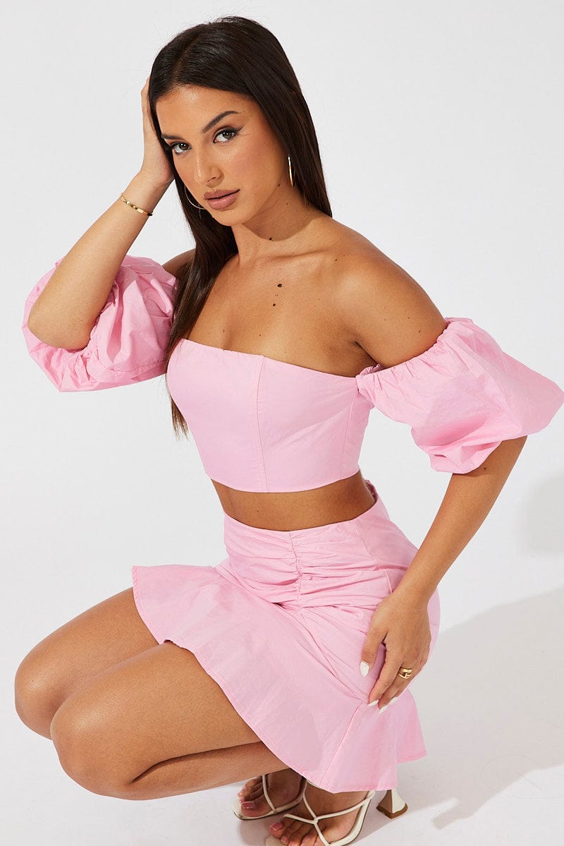 Pink Crop Top Balloon Sleeve Bardot Shoulder for Ally Fashion