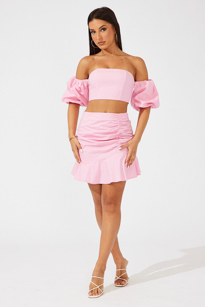 Pink Crop Top Balloon Sleeve Bardot Shoulder for Ally Fashion