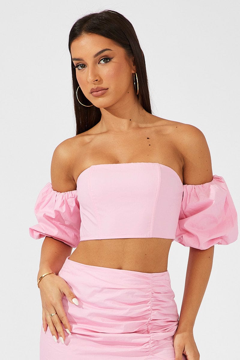 Pink Crop Top Balloon Sleeve Bardot Shoulder for Ally Fashion