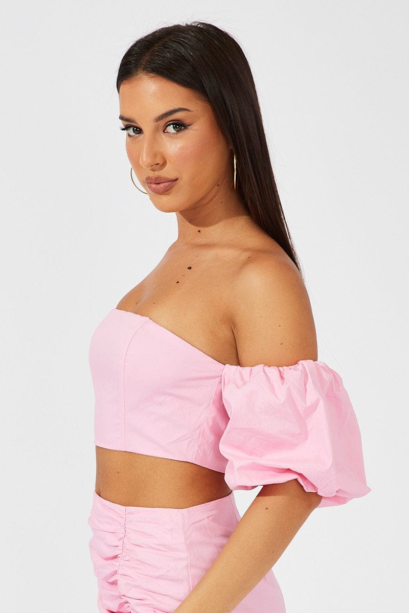 Pink Crop Top Balloon Sleeve Bardot Shoulder for Ally Fashion