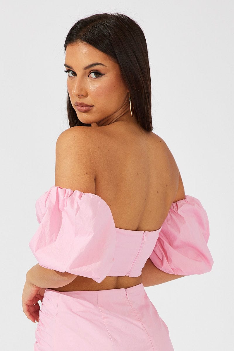 Pink Crop Top Balloon Sleeve Bardot Shoulder for Ally Fashion