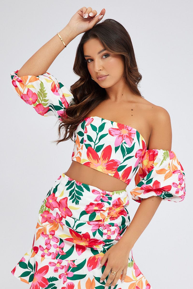 Multi Floral Crop Top Balloon Sleeve Corset Top for Ally Fashion