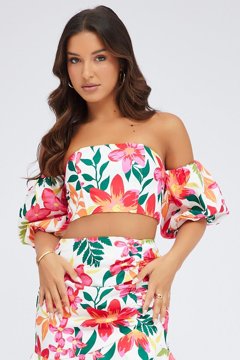 Multi Floral Crop Top Balloon Sleeve Corset Top for Ally Fashion
