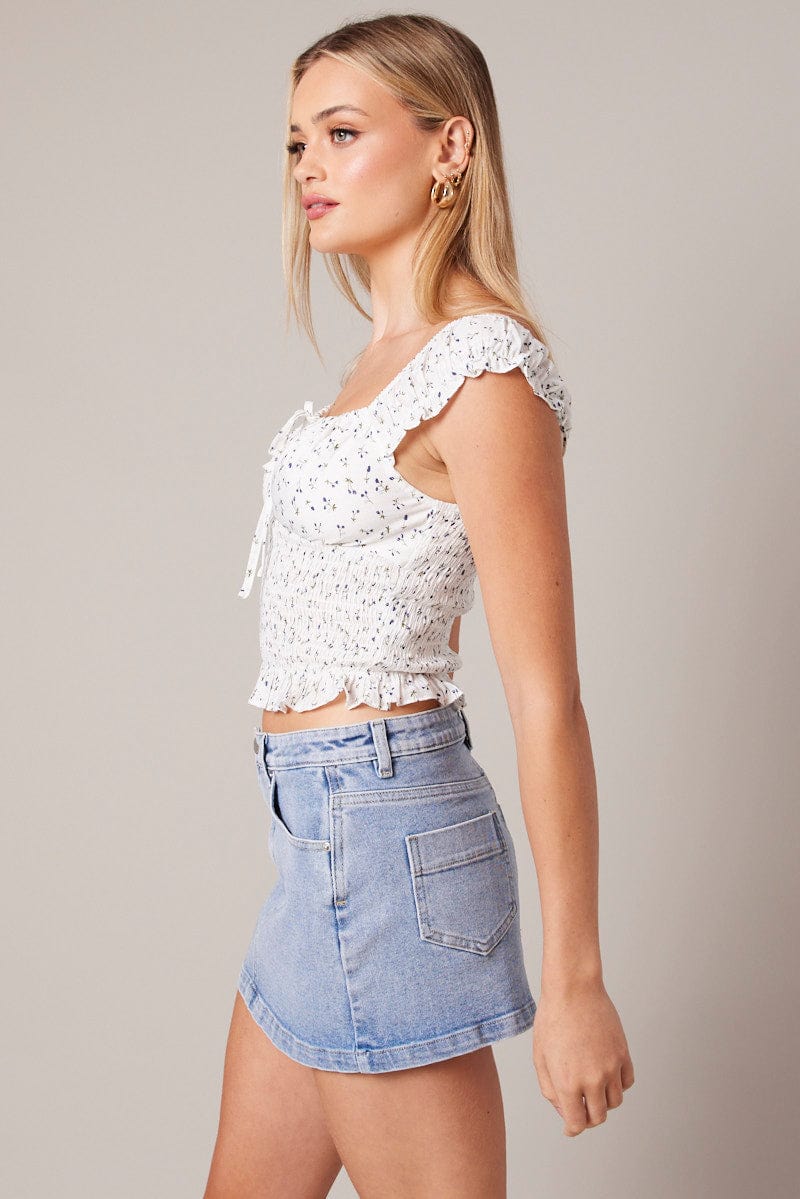 White Ditsy Puff Sleeve Top Short Sleeve for Ally Fashion
