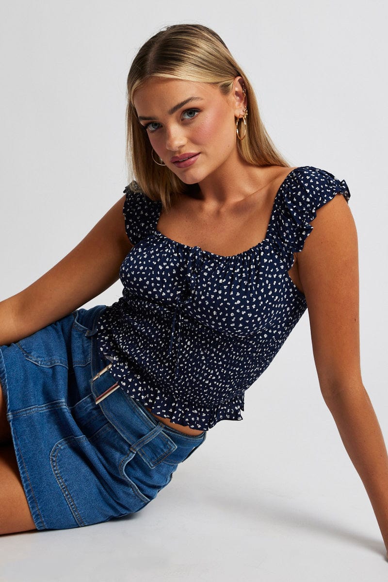 Blue Ditsy Puff Sleeve Top Short Sleeve for Ally Fashion