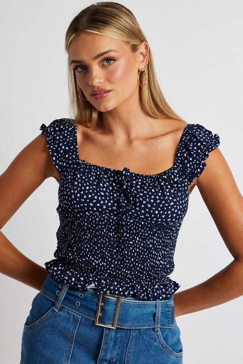 Blue Ditsy Puff Sleeve Top Short Sleeve for Ally Fashion