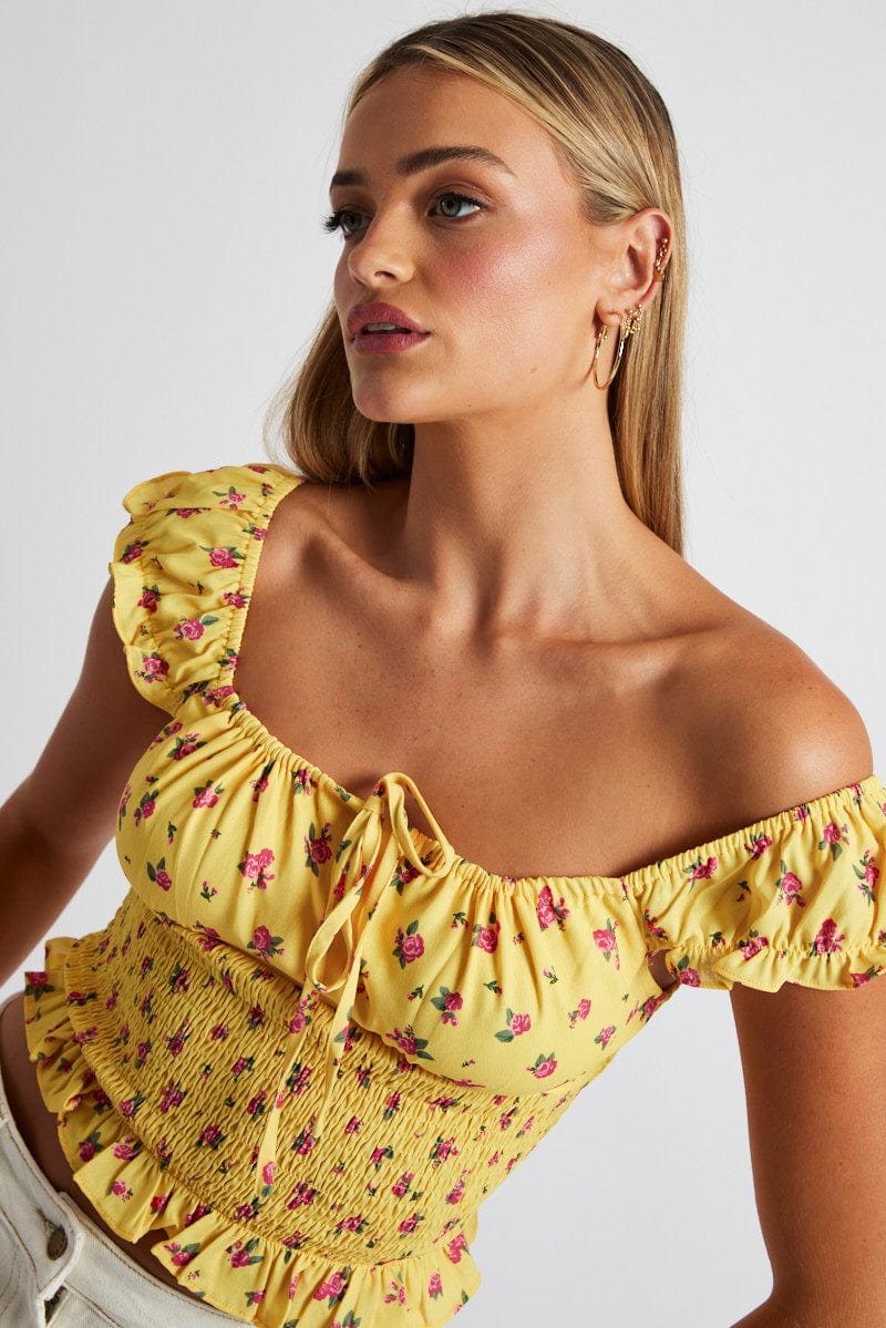 Yellow Floral Puff Sleeve Top Short Sleeve for Ally Fashion