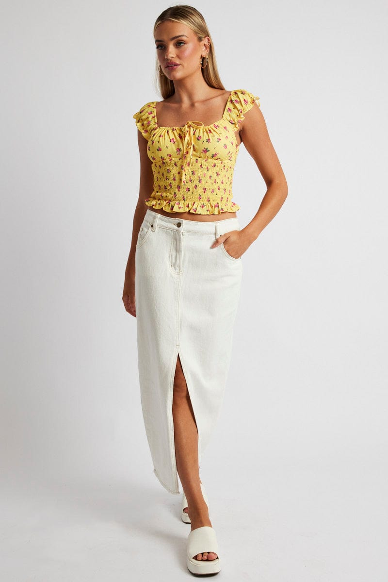 Yellow Floral Puff Sleeve Top Short Sleeve for Ally Fashion