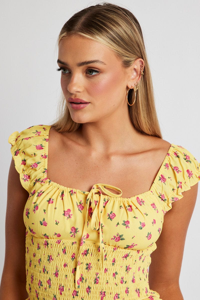 Yellow Floral Puff Sleeve Top Short Sleeve for Ally Fashion