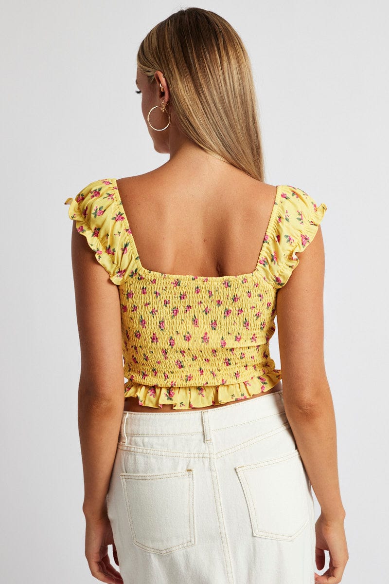 Yellow Floral Puff Sleeve Top Short Sleeve for Ally Fashion