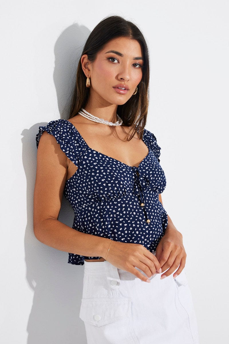 Blue Ditsy Puff Sleeve Top Short Sleeve for Ally Fashion