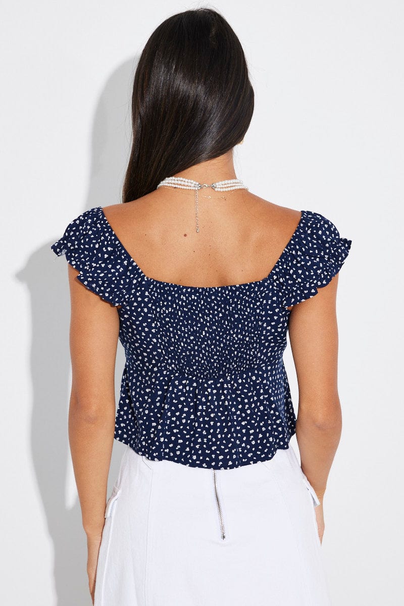 Blue Ditsy Puff Sleeve Top Short Sleeve for Ally Fashion