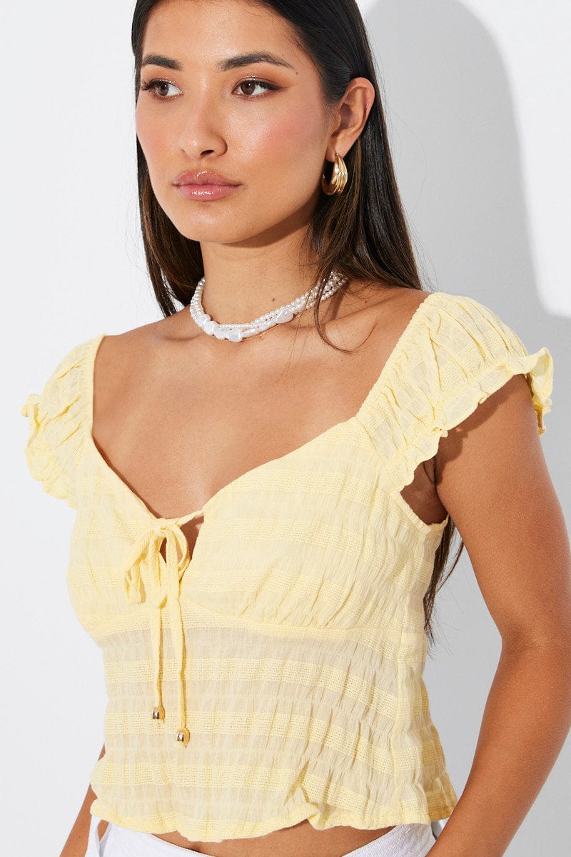 Yellow Puff Sleeve Top Short Sleeve for Ally Fashion