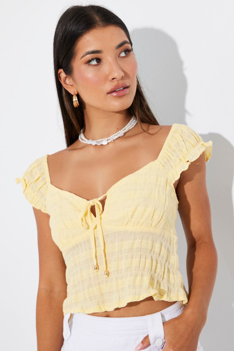 Yellow Puff Sleeve Top Short Sleeve for Ally Fashion