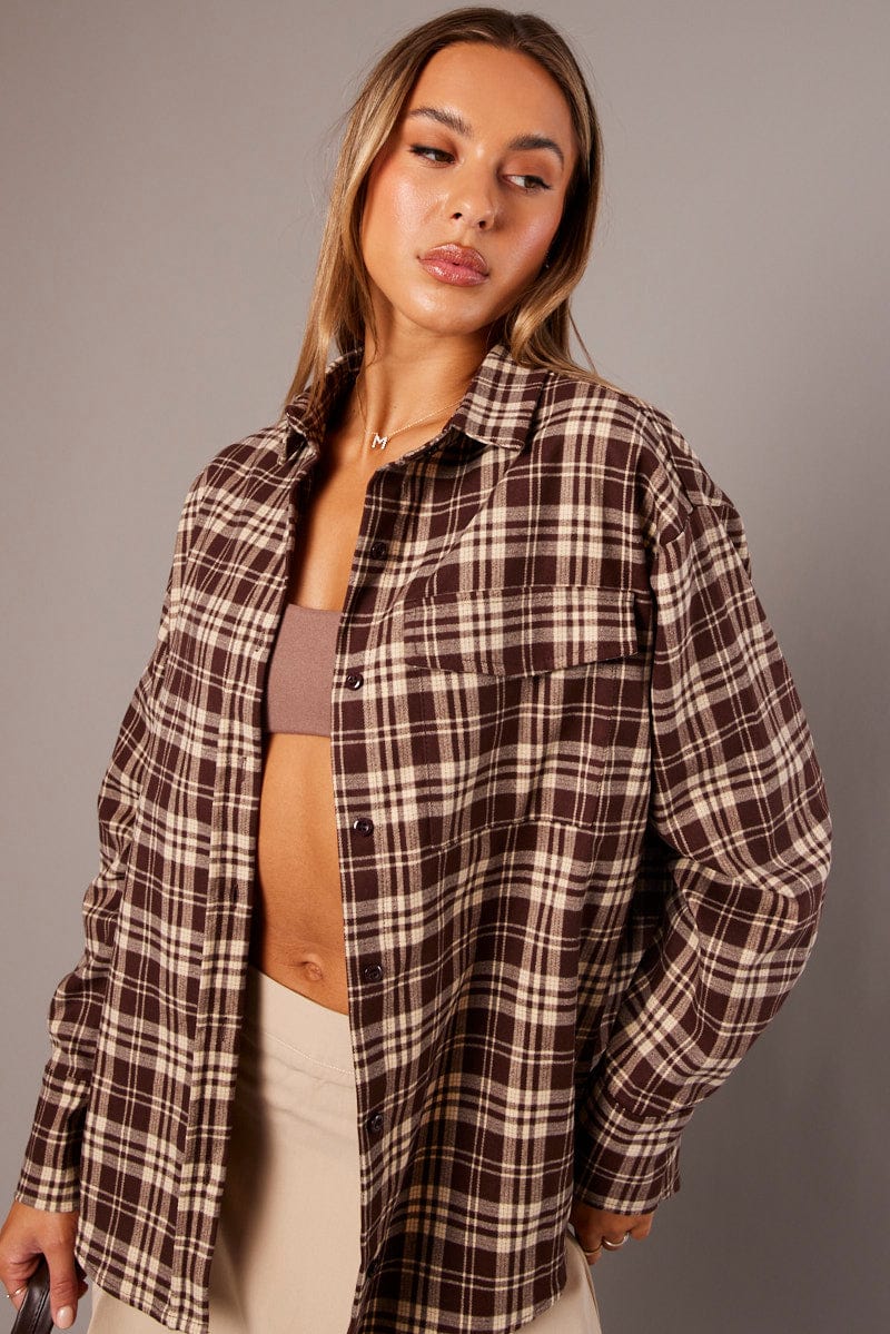Brown Check Relaxed Shirt Long Sleeve for Ally Fashion