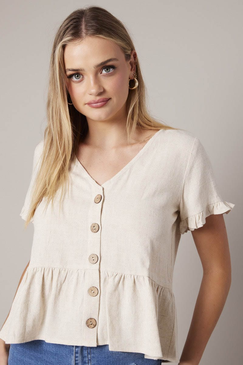 Beige Button Up Top V-Neck Frill Hem Top Linen for Ally Fashion