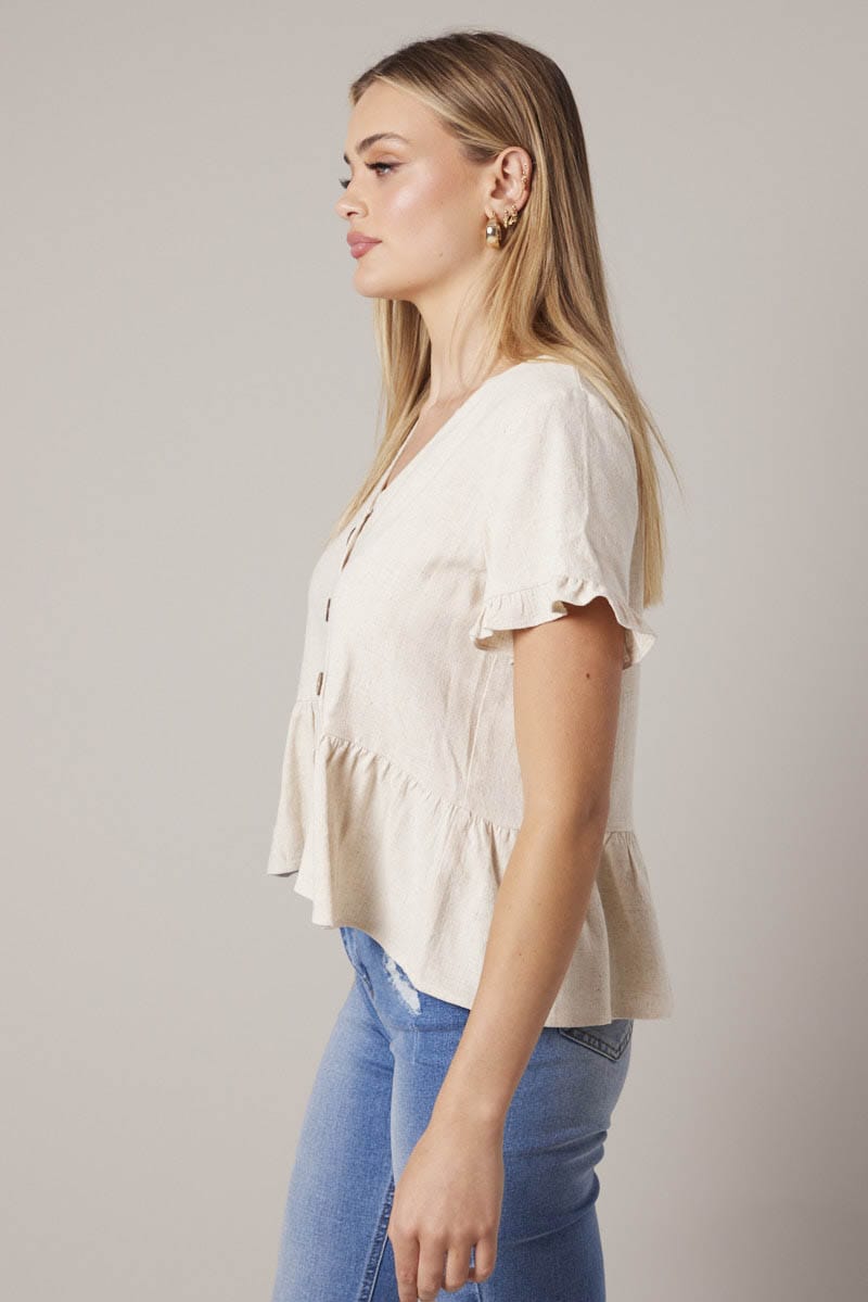 Beige Button Up Top V-Neck Frill Hem Top Linen for Ally Fashion