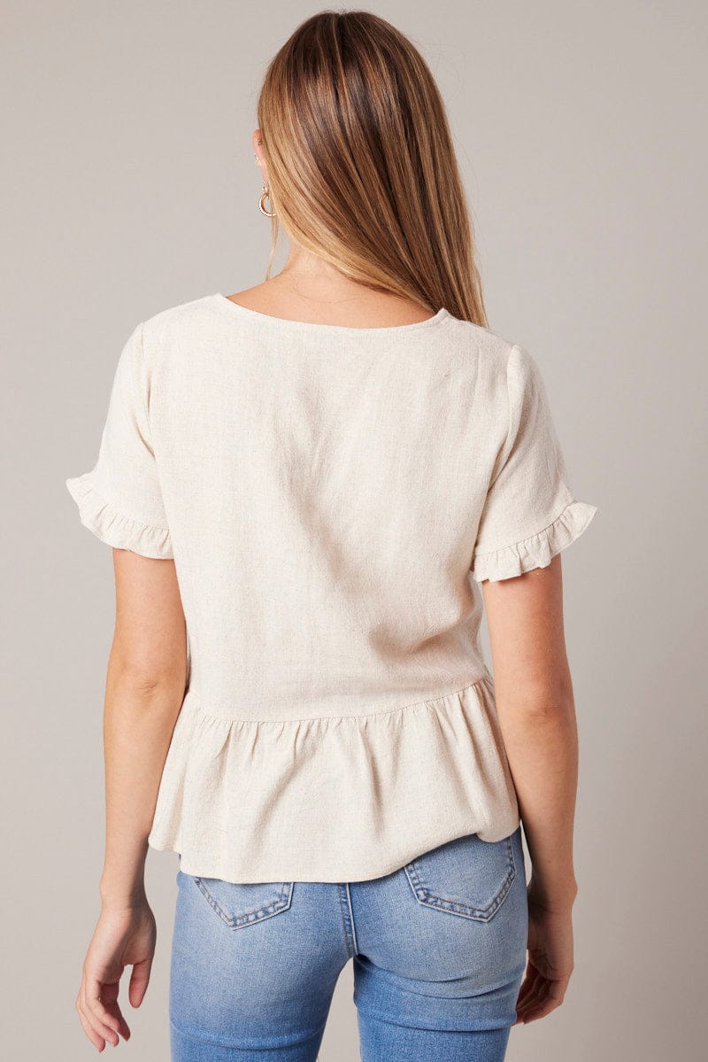 Beige Button Up Top V-Neck Frill Hem Top Linen for Ally Fashion