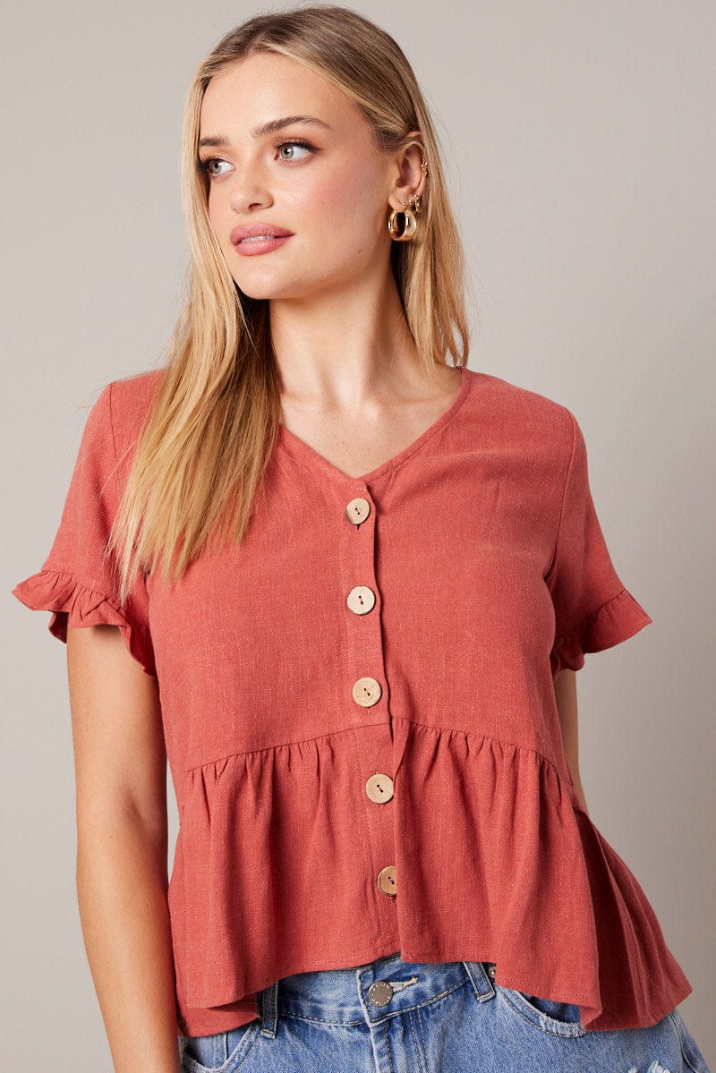 Brown Button Up Top V-Neck Frill Hem Top Linen for Ally Fashion