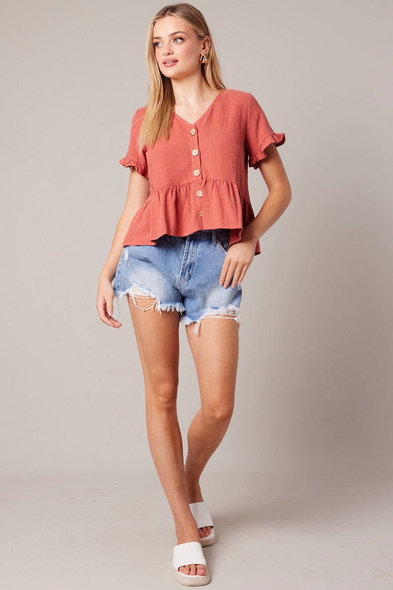 Brown Button Up Top V-Neck Frill Hem Top Linen for Ally Fashion