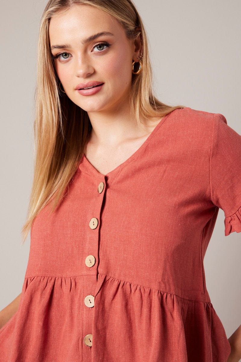 Brown Button Up Top V-Neck Frill Hem Top Linen for Ally Fashion