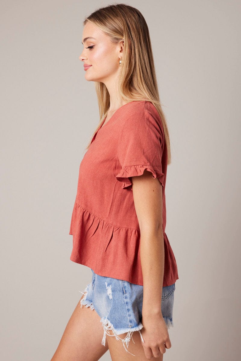 Brown Button Up Top V-Neck Frill Hem Top Linen for Ally Fashion