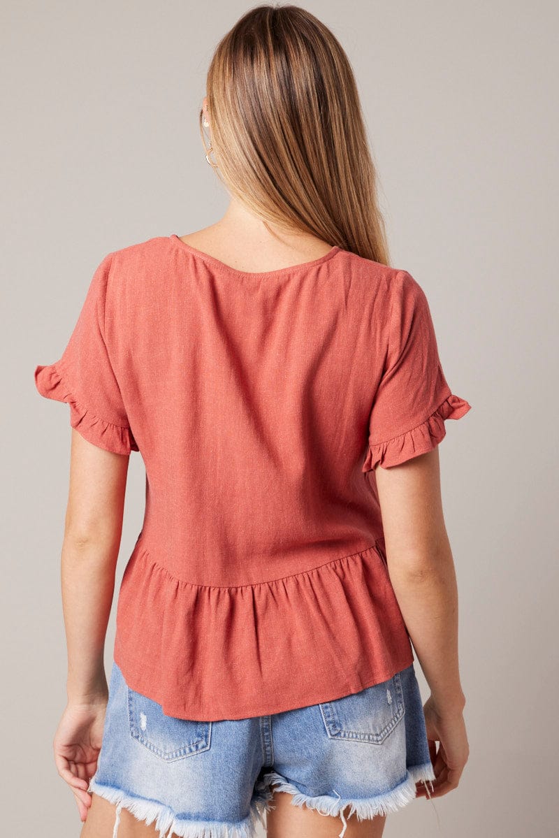 Brown Button Up Top V-Neck Frill Hem Top Linen for Ally Fashion