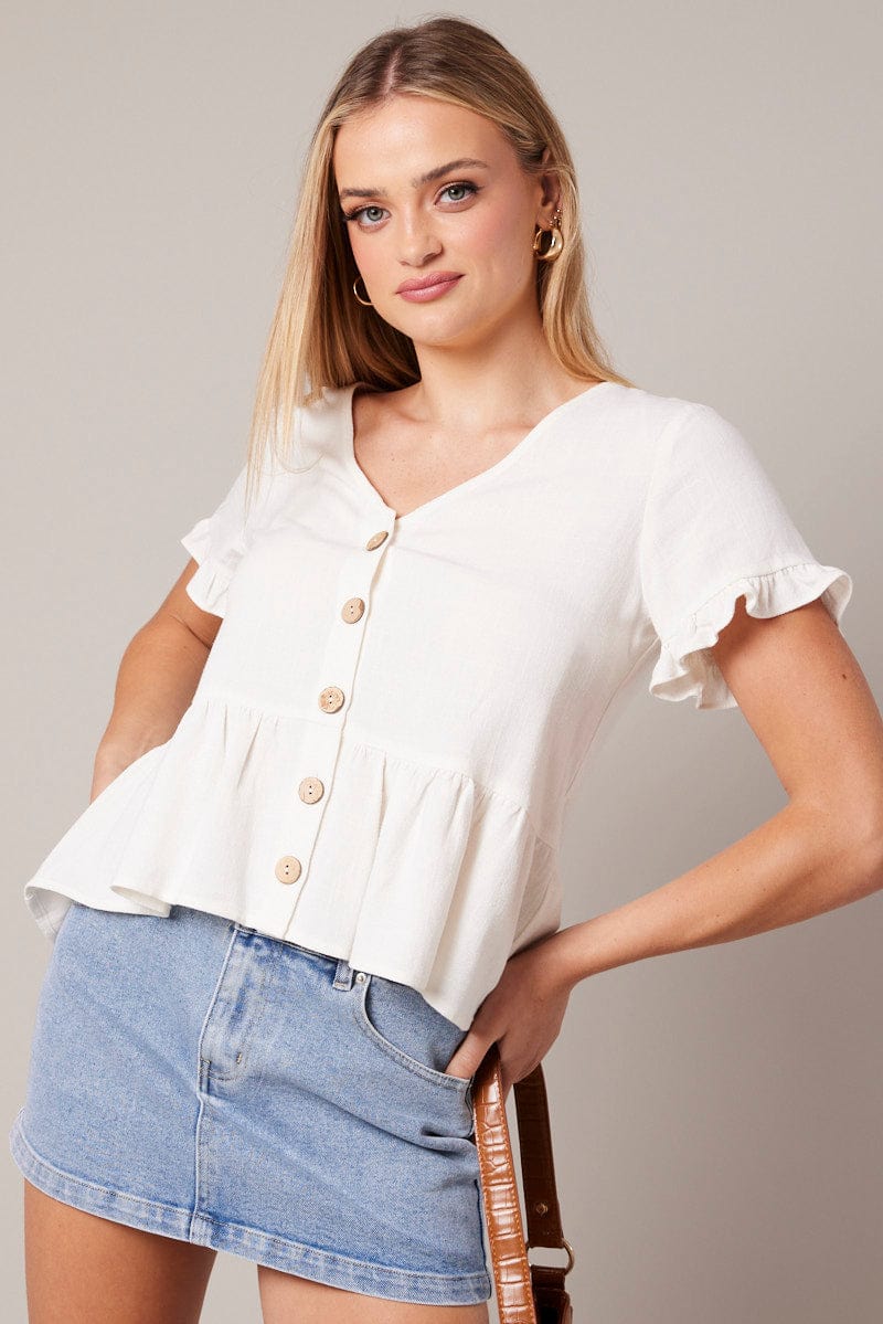 White Button Up Top V-Neck Frill Hem Top Linen for Ally Fashion