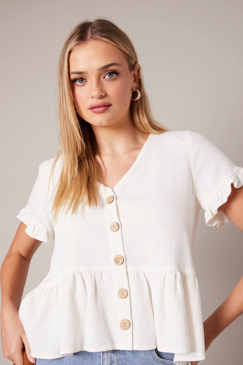 White Button Up Top V-Neck Frill Hem Top Linen for Ally Fashion