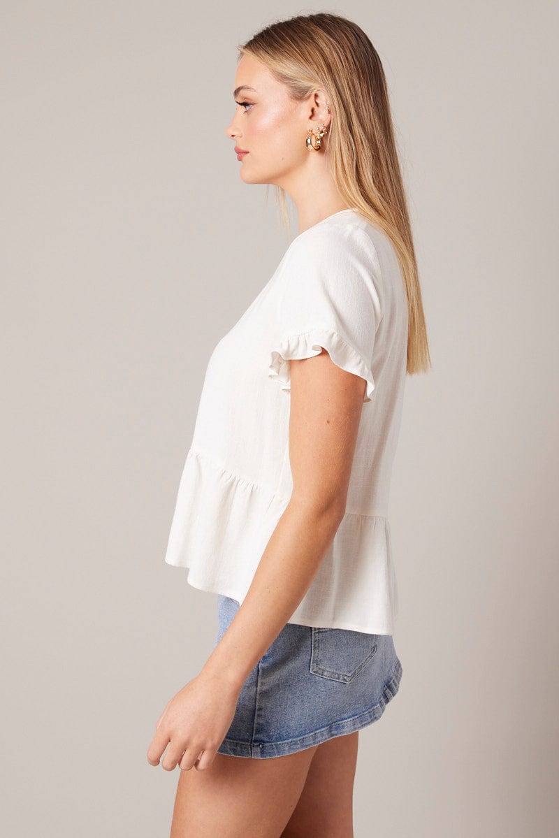 White Button Up Top V-Neck Frill Hem Top Linen for Ally Fashion