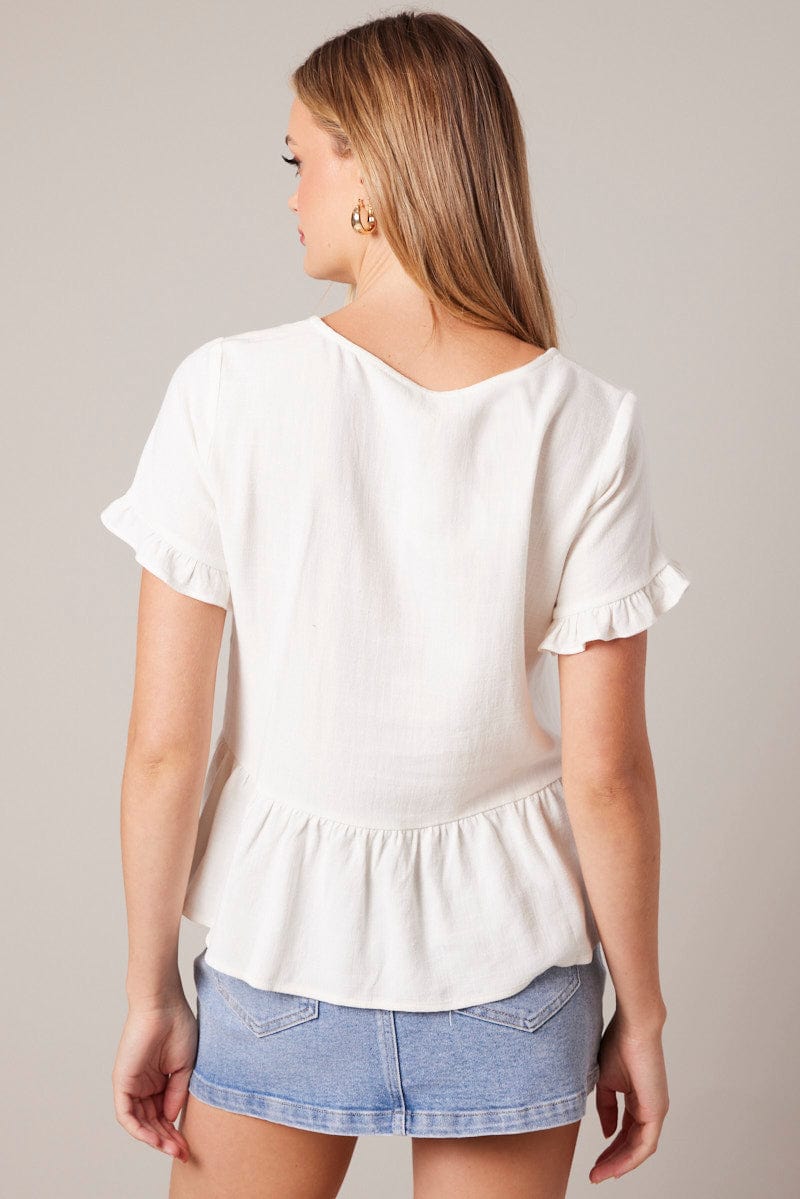 White Button Up Top V-Neck Frill Hem Top Linen for Ally Fashion